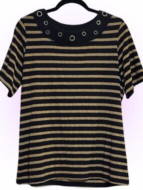 BLACK AND GOLD CIRCLE DETAIL Y2K SUPER MCBLING EMBELLISHED T-SHIRT L